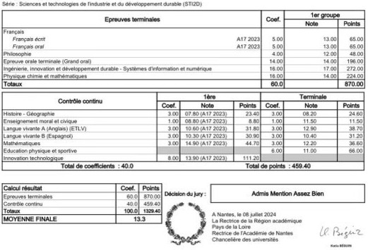 relevé de notes